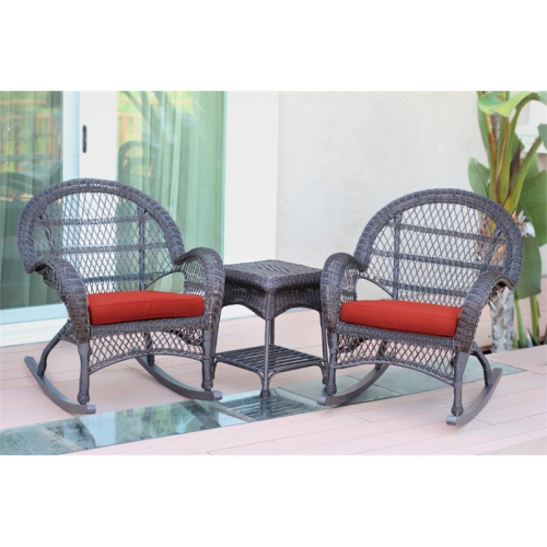 Jeco 3 Piece Wicker Conversation Set in Espresso with Red Cushions