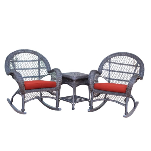 Jeco 3 Piece Wicker Conversation Set in Espresso with Red Cushions