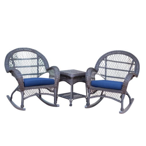 Jeco 3 Piece Wicker Conversation Set in Espresso with Blue Cushions