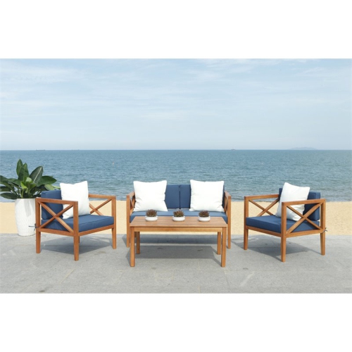 SAFAVIEH  Nunzio 4 Piece Patio Sofa Set In Teak Brown And Navy