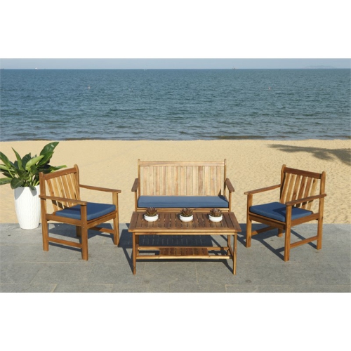 SAFAVIEH  Burbank 4 Piece Patio Sofa Set In Teak Brown And Navy