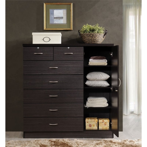 Hodedah 7 Drawer Chest with Locks on 2 Drawers and 1 Door in Chocolate Wood