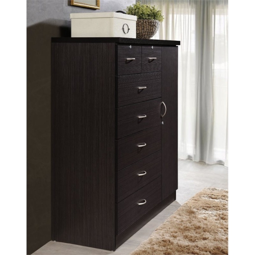Hodedah 7 Drawer Chest with Locks on 2 Drawers and 1 Door in Chocolate Wood