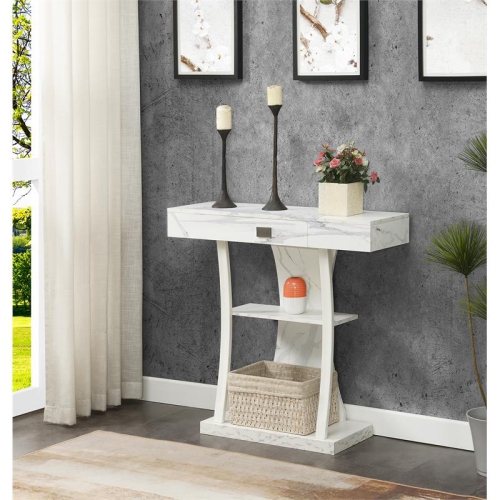 Newport One-Drawer Harri Console Table with Shelves in White Faux Marble Wood