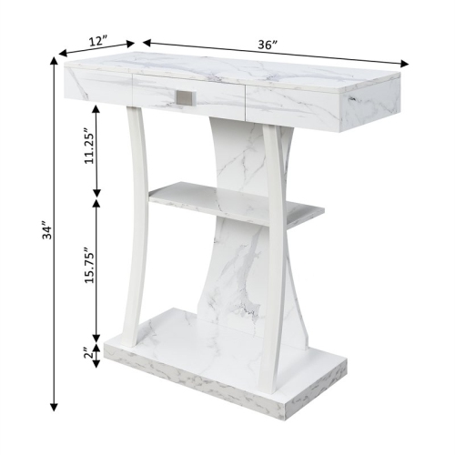 Newport One-Drawer Harri Console Table with Shelves in White Faux Marble Wood