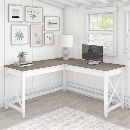 Key West 60W L Shaped Desk in Pure White and Shiplap Gray - Engineered Wood