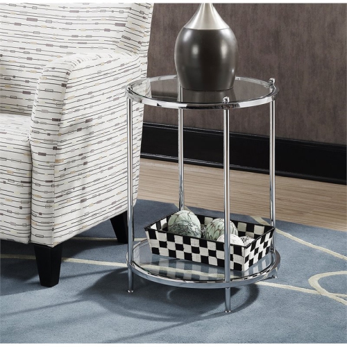 Pemberly Row Two-Tier Round End Table in Clear Glass and Chrome