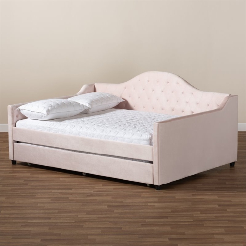 Baxton Studio – lit de repos rembourré en velours Perry avec lit gigogne rose