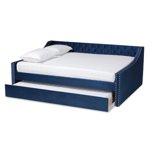 Baxton Studio Raphael Blue Velvet Upholstered Queen Size Daybed with Trundle