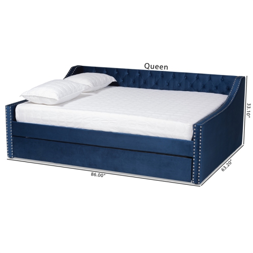 Baxton Studio Raphael Blue Velvet Upholstered Queen Size Daybed with Trundle