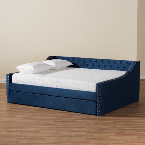 Baxton Studio Raphael Blue Velvet Upholstered Queen Size Daybed with Trundle