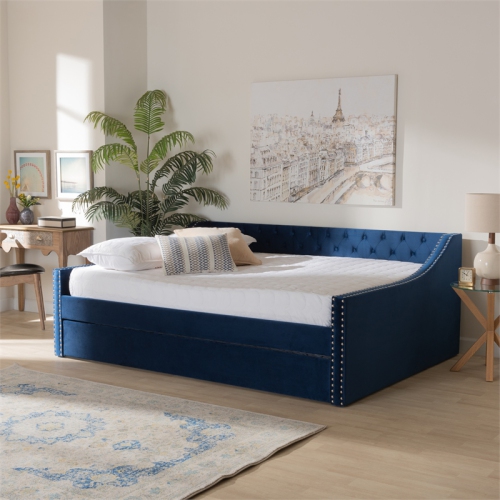 Baxton Studio Raphael Blue Velvet Upholstered Queen Size Daybed with Trundle