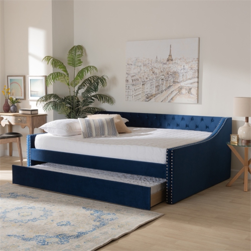 Baxton Studio Raphael Blue Velvet Upholstered Queen Size Daybed with Trundle