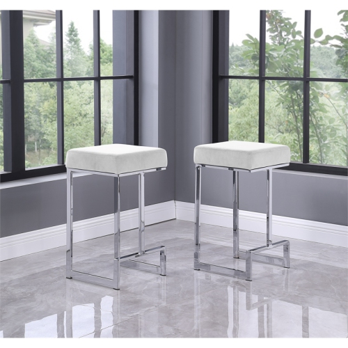 Dorrington Velvet Backless Counter Height Stool in White/Silver