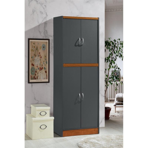 Hodedah 4 Door Wooden Kitchen Pantry 4 Shelves 5 Compartments in Gray Oak Wood