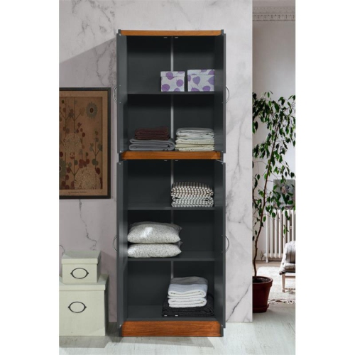 Hodedah 4 Door Wooden Kitchen Pantry 4 Shelves 5 Compartments in Gray Oak Wood
