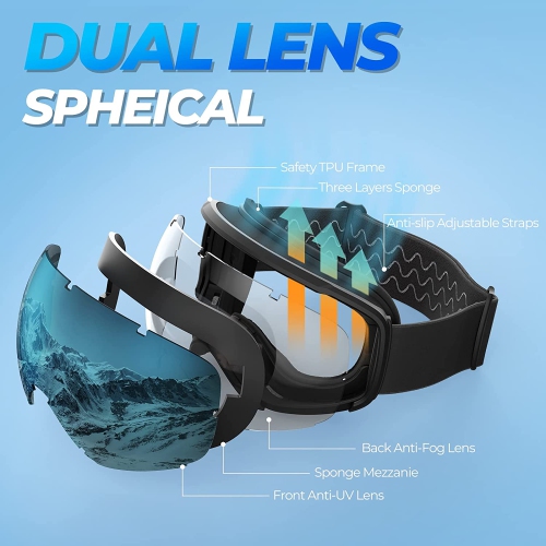 Lunettes de ski et de planche à neige OTG pour hommes, femmes et jeunes avec protection UV de 100 %
