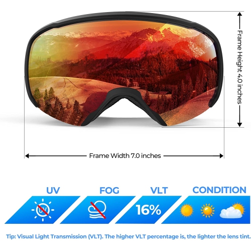 ROCKBROS Adults Anti-fog Ski Goggles Full Frame Glasses Blue Double Protection 