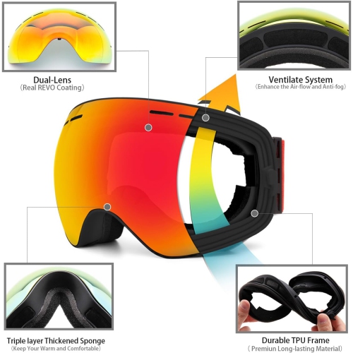 Lunettes de ski et de planche à neige OTG pour hommes, femmes et jeunes avec protection UV de 100 % (noir/rouge)