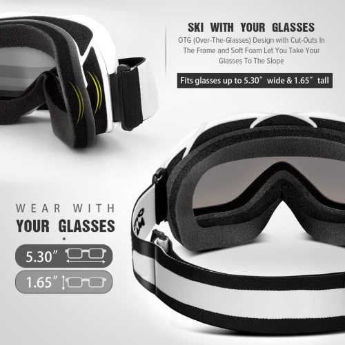 Lunettes de ski et de planche à neige OTG pour hommes, femmes et jeunes avec protection UV de 100 % (blanc/argenté)