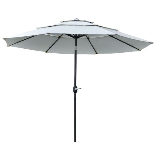 Outsunny 9FT 3 Tiers Patio Umbrella Outdoor Market Umbrella with Crank, Push Button Tilt for Deck, Backyard and Lawn, Cream White