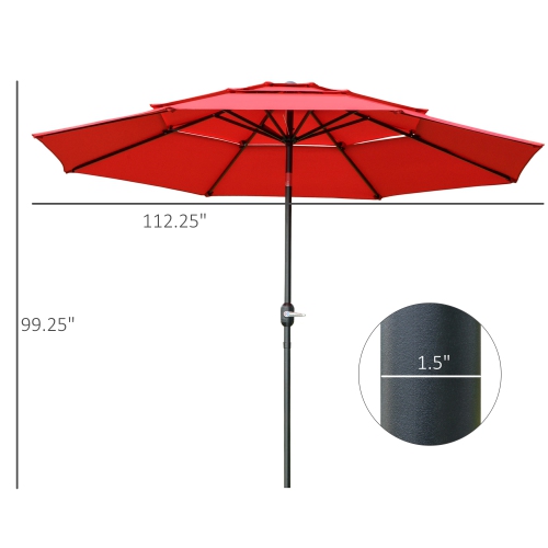 Outsunny 9FT 3 Tiers Patio Umbrella Outdoor Market Umbrella with Crank, Push Button Tilt for Deck, Backyard and Lawn, Red