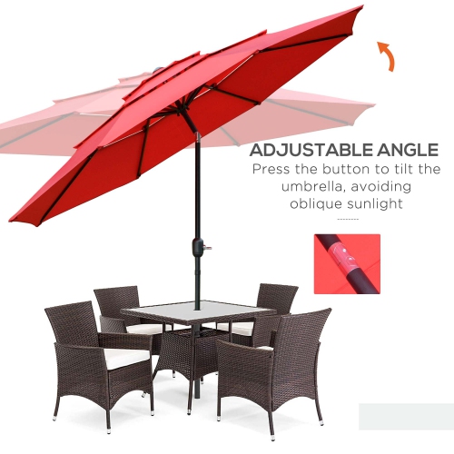 Outsunny 9FT 3 Tiers Patio Umbrella Outdoor Market Umbrella with Crank, Push Button Tilt for Deck, Backyard and Lawn, Red