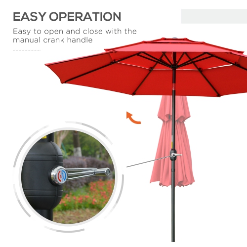 Outsunny 9FT 3 Tiers Patio Umbrella Outdoor Market Umbrella with Crank, Push Button Tilt for Deck, Backyard and Lawn, Red