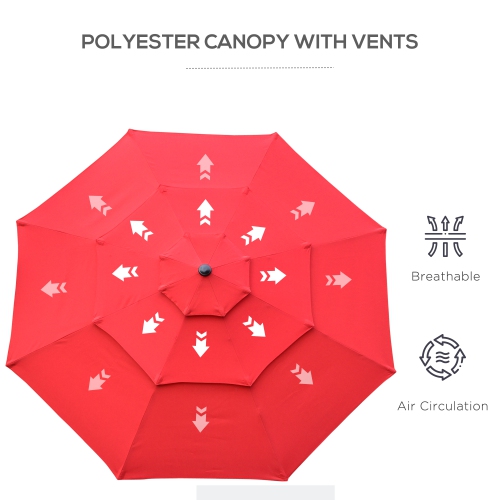 Outsunny 9FT 3 Tiers Patio Umbrella Outdoor Market Umbrella with Crank, Push Button Tilt for Deck, Backyard and Lawn, Red