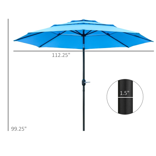 Outsunny 9FT 3 Tiers Patio Umbrella Outdoor Market Umbrella with Crank, Push Button Tilt for Deck, Backyard and Lawn, Sky Blue