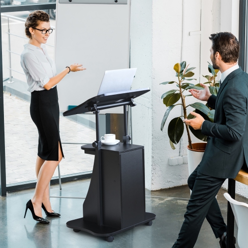 Costway Height Adjustable Standing Desk Mobile Podium Cart w/Tilt Desktop & Door Cabinet