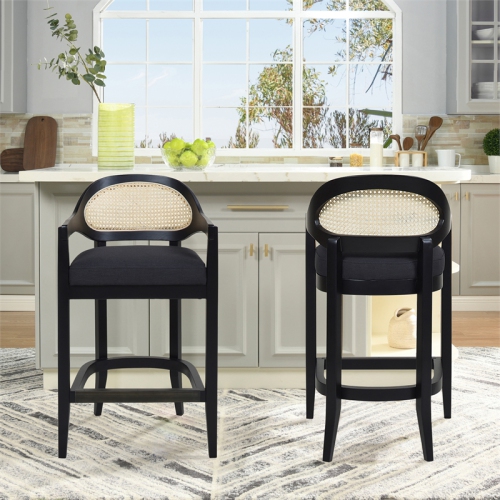 Americana 27" Cane Back Counter-Height Bar Stool Natural Black Linen
