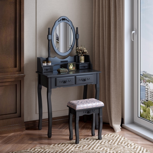 JAXPETY  Bedroom Vanity Makeup Dressing Table Set With Oval Mirror And Cushioned Stool In Black