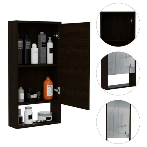 TUHOME Black Modern Engineered Wood Mariana 35" Medicine Mirror Cabinet w/ Shelf