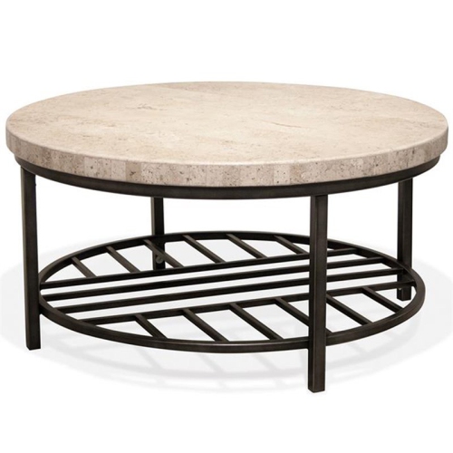 Bowery Hill Contemporary Round Stone Top Coffee Table in Alabaster Travertine
