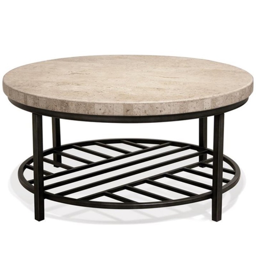 Bowery Hill Contemporary Round Stone Top Coffee Table in Alabaster Travertine