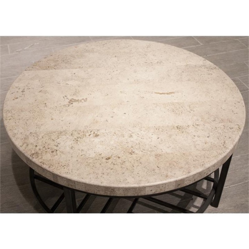 Bowery Hill Contemporary Round Stone Top Coffee Table in Alabaster Travertine