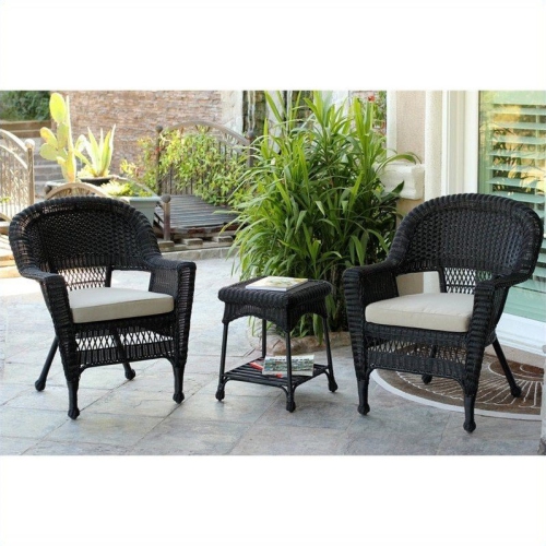 JECO INC. Jeco 3 Piece Wicker Conversation Set In Black With Tan Cushions