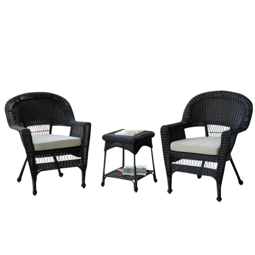 Jeco 3 Piece Wicker Conversation Set in Black with Tan Cushions