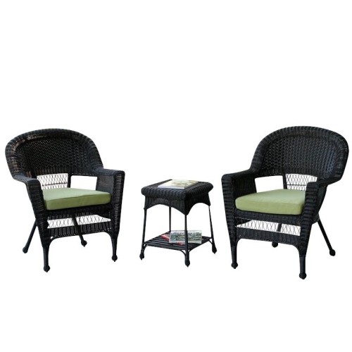 Jeco 3 Piece Wicker Conversation Set in Black with Green Cushions