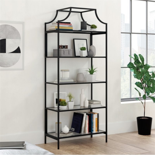 Sauder Harvey Park 5 Shelf Metal Framed Glass Bookcase in Black