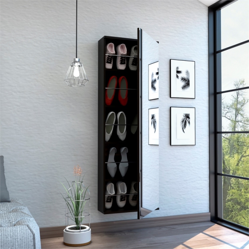 Tuhome Black Wengue Modern Engineered Wood LETO Mounted Shoe Rack with Mirror