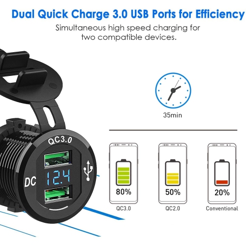 Chargeur rapide à 3.0 ports USB, prise double de chargeur auto étanche en aluminium 12 V/24 V 36 W Q3.0 d’ADSDIA