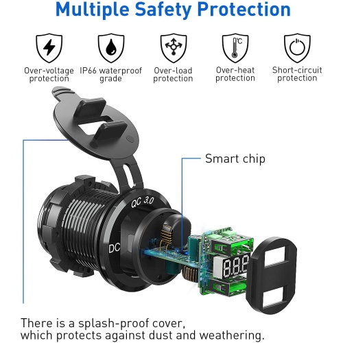 Chargeur rapide à 3.0 ports USB, prise double de chargeur auto étanche en aluminium 12 V/24 V 36 W Q3.0 d’ADSDIA