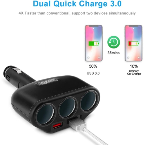Adaptateur répartiteur à 3 prises et 2 ports USB Quick charge 3.0 pour chargeur d’auto, prise c.c. de 120 W et prise c.c. de 12 V/24 V pour l’auto