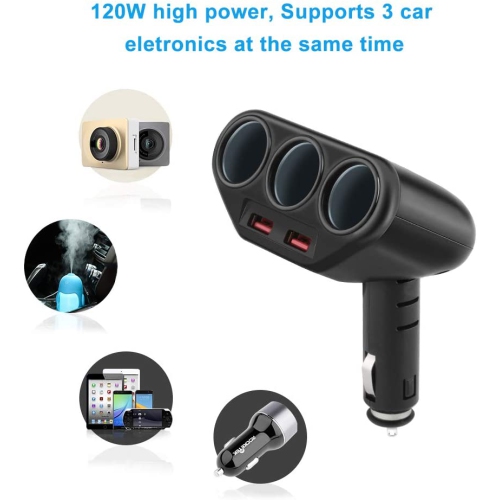 Adaptateur répartiteur à 3 prises et 2 ports USB Quick charge 3.0 pour chargeur d’auto, prise c.c. de 120 W et prise c.c. de 12 V/24 V pour l’auto