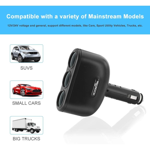 Adaptateur répartiteur à 3 prises et 2 ports USB Quick charge 3.0 pour chargeur d’auto, prise c.c. de 120 W et prise c.c. de 12 V/24 V pour l’auto