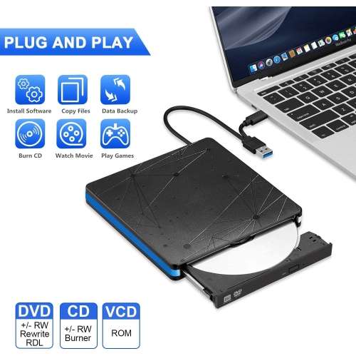 External CD/DVD Drive, USB 3.0 Portable DVD/CD-RW Drive Reader High Speed Data Transfer CD/DVD Drive