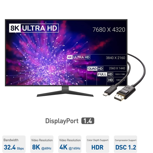 USB C to DisplayPort Cable Supporting 8K 60Hz Black 6