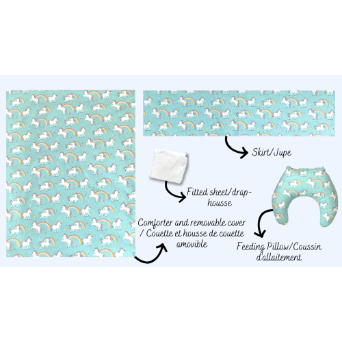 Literie bleu-turquoise avec licornes ET coussin d'allaitement assorti